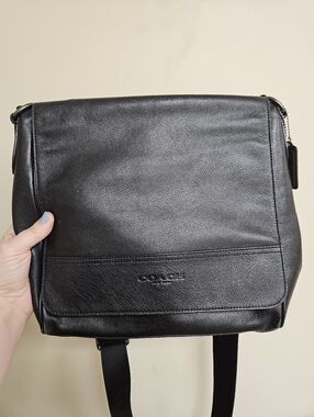Coach Houston Map Crossbody Messenger Bag Black Leather Unisex Flawed